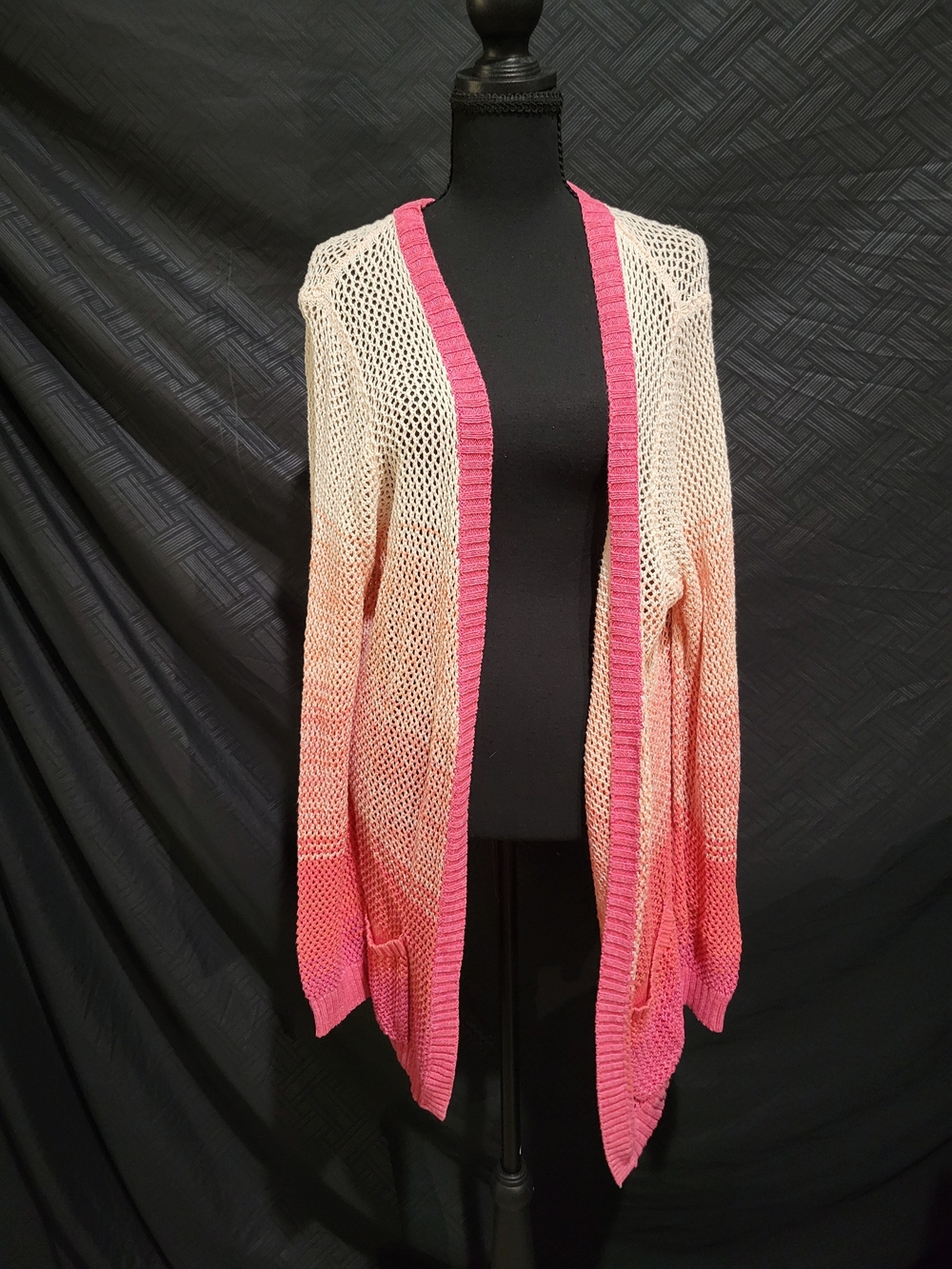 United States Sweater Co Open Front Ombre Pink And Cream Knit XL Cardigan